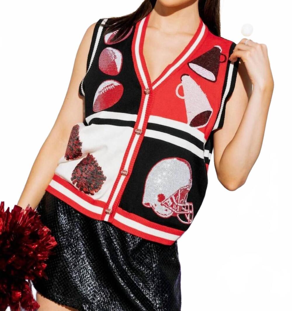 NEW QUEEN OF SPARKLES colorblock football icon button up sweater vest in black &
